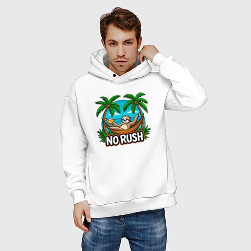 Мужское худи оверсайз Не торопись - ленивец в гамаке / Белый – фото 3