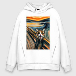 Толстовка оверсайз мужская Кошка кричит - мем нейросеть, цвет: белый
