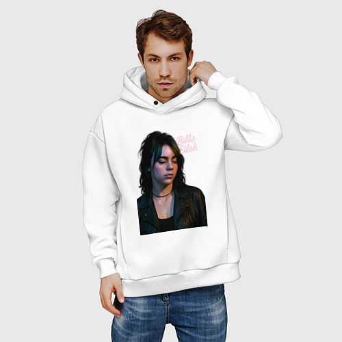 Мужское худи оверсайз Билли Айлиш смотрит вниз / Белый – фото 3