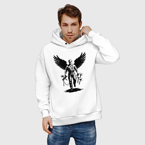 Мужское худи оверсайз Крылатый мастер с инструментами / Белый – фото 3