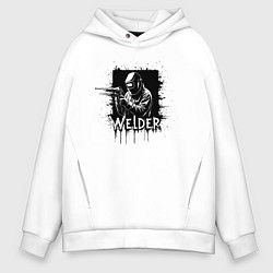 Толстовка оверсайз мужская Сварщик в маске на черном квадрате, цвет: белый