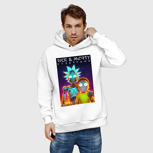 Мужское худи оверсайз Cyborg Rick and Morty - ai art fantasy / Белый – фото 3