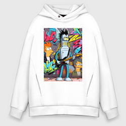 Толстовка оверсайз мужская Бендер с гитарой и Фрай - граффити, цвет: белый