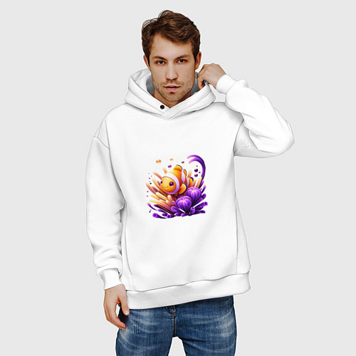 Мужское худи оверсайз Рыбка клоун среди водорослей / Белый – фото 3
