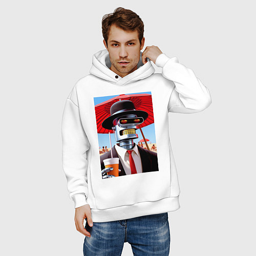 Мужское худи оверсайз Бендер в костюме и шляпе на пляже - прикол / Белый – фото 3