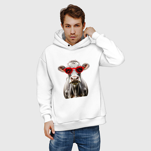 Мужское худи оверсайз Корова в очках / Белый – фото 3