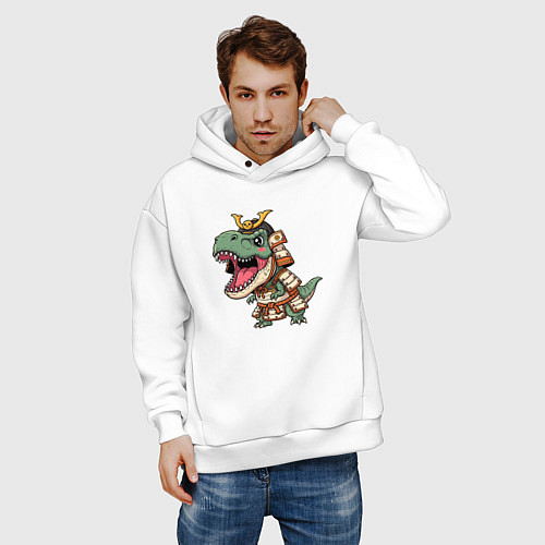Мужское худи оверсайз Милый тираннозавр самурай / Белый – фото 3