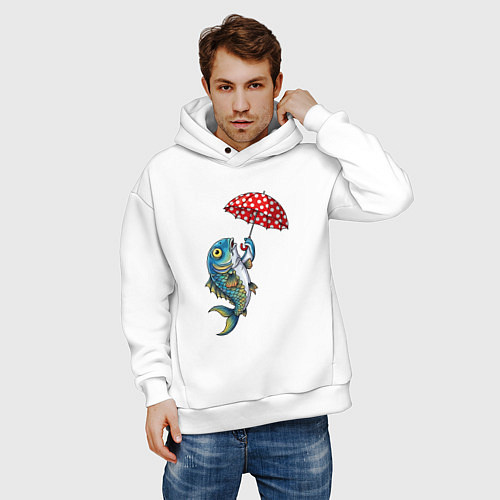Мужское худи оверсайз Карп на зонтике / Белый – фото 3
