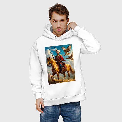 Мужское худи оверсайз Казак на коне с совами / Белый – фото 3