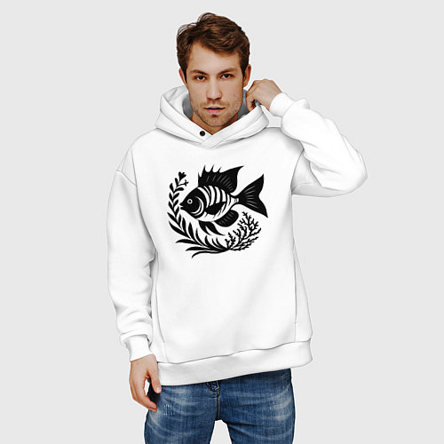 Мужское худи оверсайз Рыба в морских зарослях / Белый – фото 3