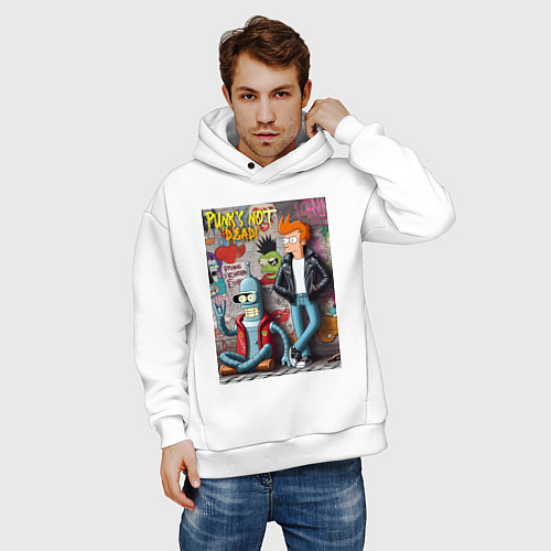 Мужское худи оверсайз Бендер и Фрай - панк жив / Белый – фото 3