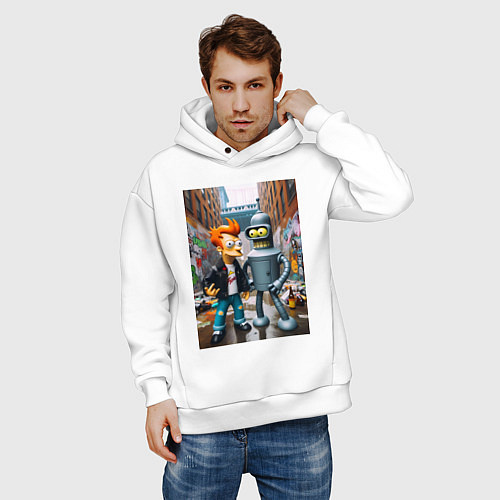 Мужское худи оверсайз Бендер и Фрай в Бронксе - нейроарт фантазия / Белый – фото 3