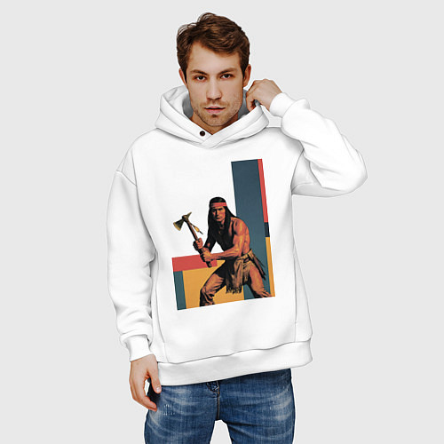 Мужское худи оверсайз Индеец с томагавком поп-арт / Белый – фото 3