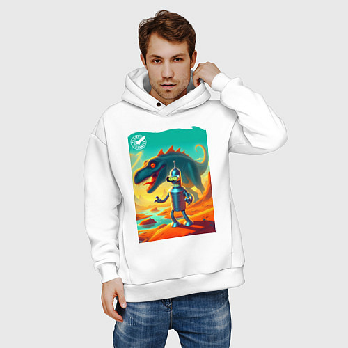 Мужское худи оверсайз Бендер и тираннозавр на затерянной планете / Белый – фото 3