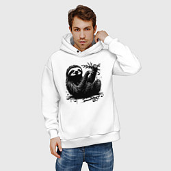 Толстовка оверсайз мужская Ленивец с веткой, цвет: белый — фото 2