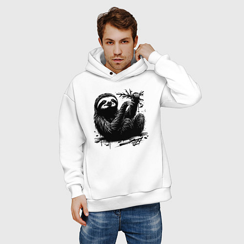 Мужское худи оверсайз Ленивец с веткой / Белый – фото 3