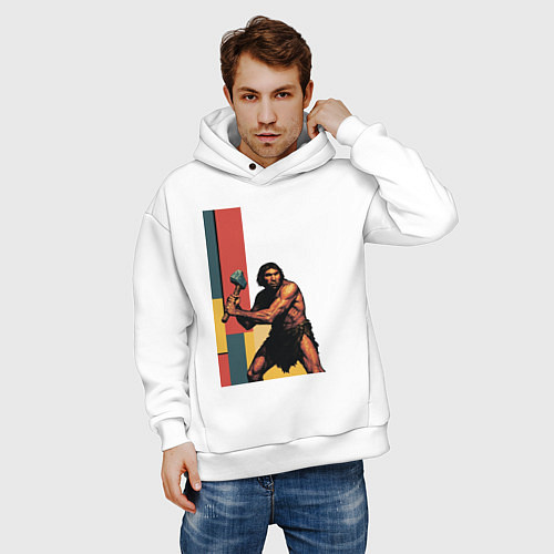 Мужское худи оверсайз Поп-арт неандерталец / Белый – фото 3