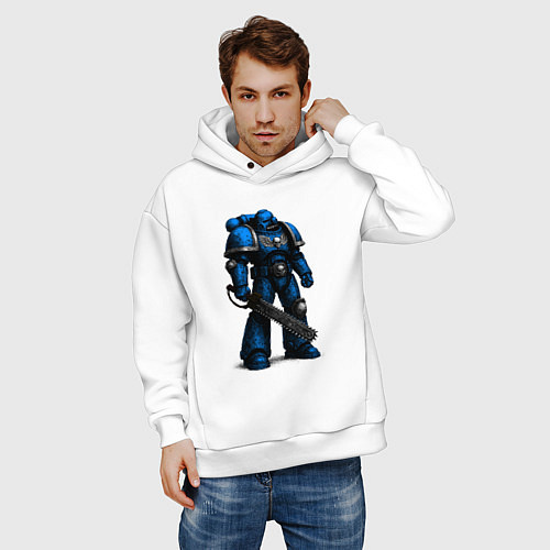 Мужское худи оверсайз Ультрамарин с цепным мечом / Белый – фото 3