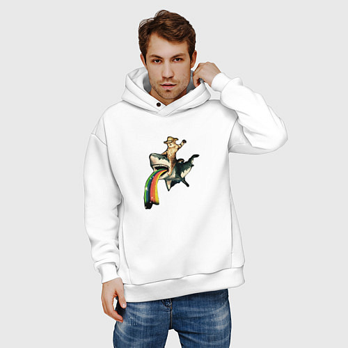 Мужское худи оверсайз Кот верхом на акуле / Белый – фото 3