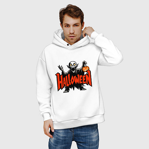 Мужское худи оверсайз Вампир с надписью halloween / Белый – фото 3
