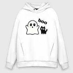 Толстовка оверсайз мужская Хэллоуин, привидение и черный кот, цвет: белый