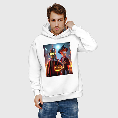 Мужское худи оверсайз Бендер и Фрай в шляпе - ночь на хэллоуин / Белый – фото 3
