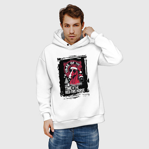 Мужское худи оверсайз Красный огненный конь / Белый – фото 3