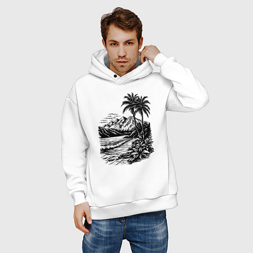 Мужское худи оверсайз Тропический берег: горы, пальмы и море / Белый – фото 3