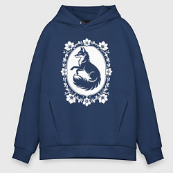 Толстовка оверсайз мужская Лиса в цветочной раме, цвет: тёмно-синий
