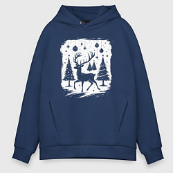Толстовка оверсайз мужская Олень в новогоднем лесу, цвет: тёмно-синий