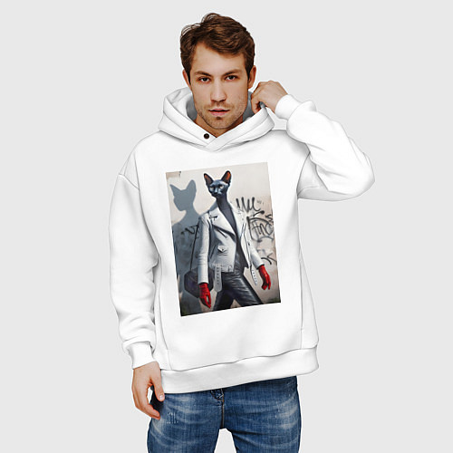 Мужское худи оверсайз Cat girl Cornish Rex - ai art fantasy / Белый – фото 3
