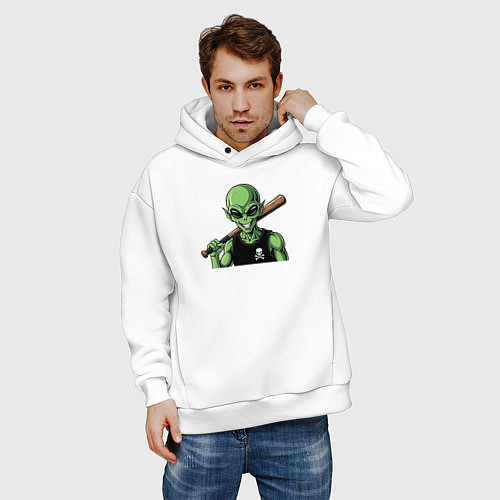 Мужское худи оверсайз Зеленый пришелец с битой / Белый – фото 3
