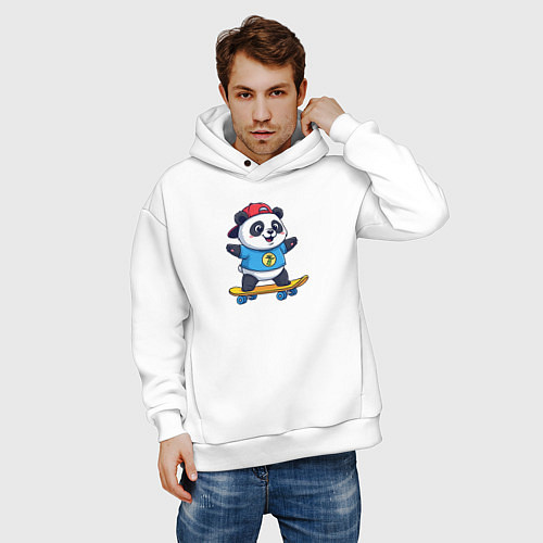 Мужское худи оверсайз Милая панда на скейте / Белый – фото 3