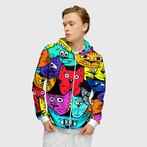 Мужская толстовка на молнии Кошачьи мордочки / 3D-Белый – фото 3