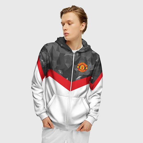 Мужская толстовка на молнии Man United FC: Grey Polygons / 3D-Белый – фото 3