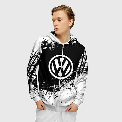 Мужская толстовка на молнии Volkswagen: Black Spray / 3D-Белый – фото 3