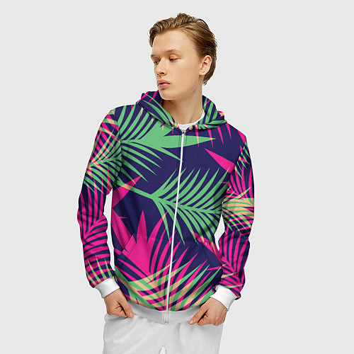 Мужская толстовка на молнии Неоновые пальмы / 3D-Белый – фото 3