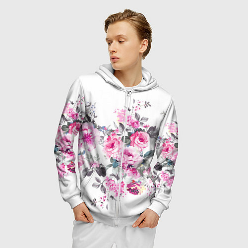 Мужская толстовка на молнии Розовые розы / 3D-Белый – фото 3