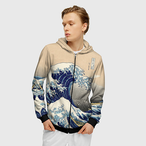 Мужская толстовка на молнии Kanagawa Wave Art / 3D-Черный – фото 3