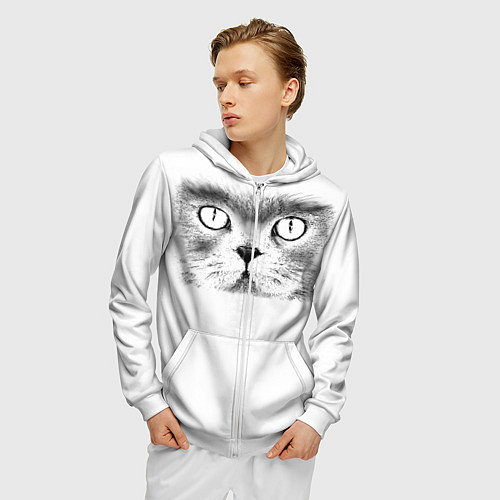 Мужская толстовка на молнии Моська кота / 3D-Белый – фото 3