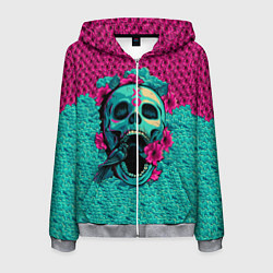 Толстовка 3D на молнии мужская Неоновый череп, цвет: 3D-меланж