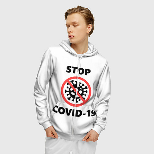 Мужская толстовка на молнии STOP COVID-19 / 3D-Белый – фото 3