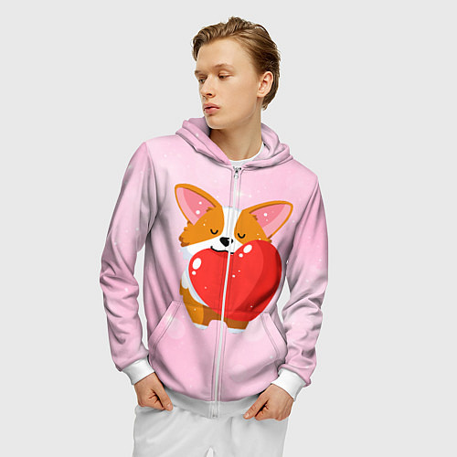 Мужская толстовка на молнии Милый корги / 3D-Белый – фото 3