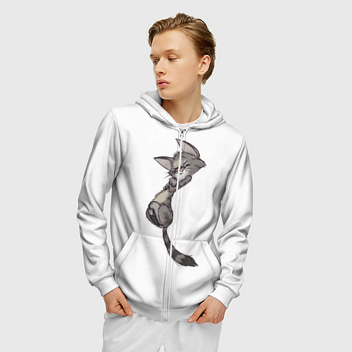 Мужская толстовка на молнии Милый котя / 3D-Белый – фото 3