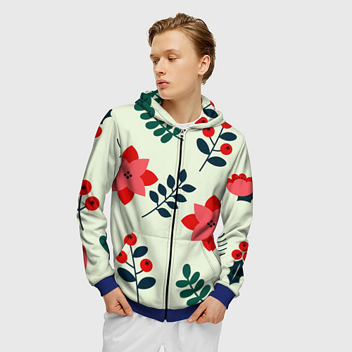 Мужская толстовка на молнии Цветы, ягоды, листья / 3D-Синий – фото 3