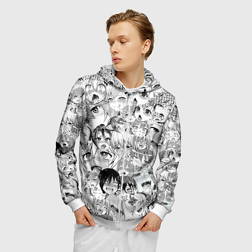 Мужская толстовка на молнии Ahegao monochrome / 3D-Белый – фото 3