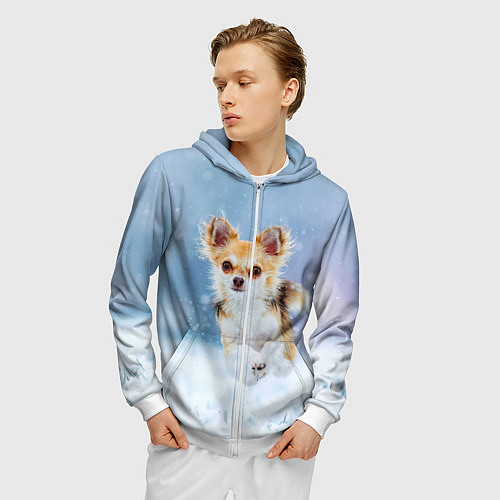Мужская толстовка на молнии Чихуахуа в снегу / 3D-Белый – фото 3