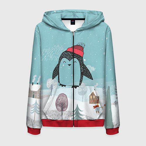 Мужская толстовка на молнии Милый пингвин / 3D-Красный – фото 1