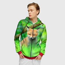 Толстовка 3D на молнии мужская Лисенок в зеленом лесу, цвет: 3D-красный — фото 2