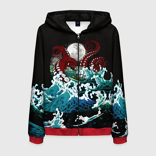 Мужская толстовка на молнии Корабль на Волнах Кракен / 3D-Красный – фото 1